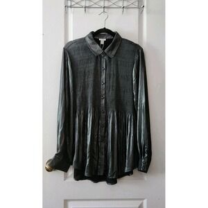 SPENSE‎ Womens Peplum Pleated Tunic Shirt Button Up Long Sleeve Pewter Black XL